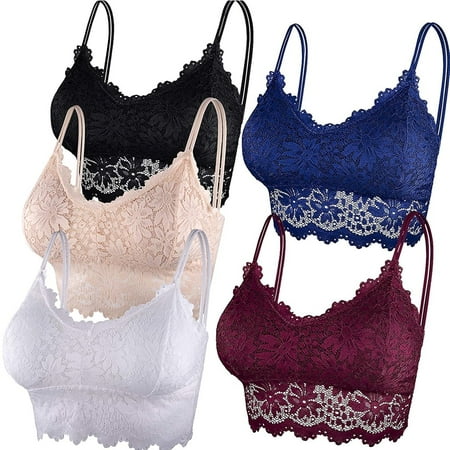 QUTETN 5 Pcs Lace Bralettes for Women Bralette Padded Lace Bandeau Bra