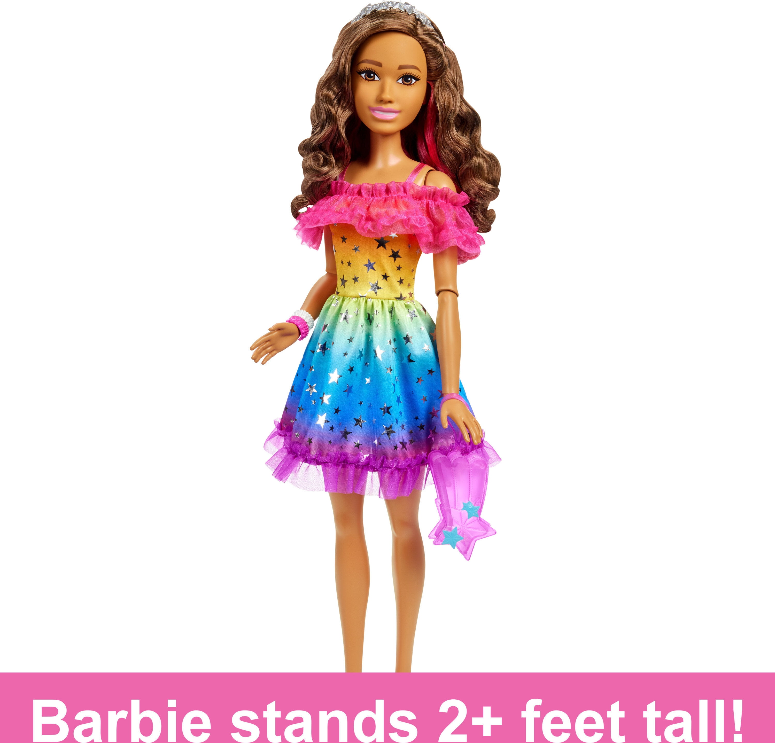 Large Barbie Doll, 28 Inches Tall, Brown Hair and Rainbow Dress