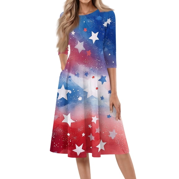 BOMYJESK 4th Of July Dresses for Women Maxi Dress 250th Anniversary Stars Stripes Midi Dresses Vintage Independence Day 2026 Summer Dresses Elegant Classy Resort Wear Light Blue M