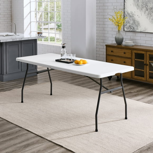 Mainstays White 6 Foot Fold-in-Half Plastic Table, Indoor Outdoor, Scratch Resistant, Stain & UV Damage, Built-in Carry Handle