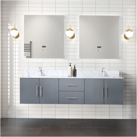 JERFIT 72 Inch Double Sink Bathroom Vanity Set with LED Mirrors, Carrara Marble Countertop, Soft Close Drawers, Dark Grey Finish