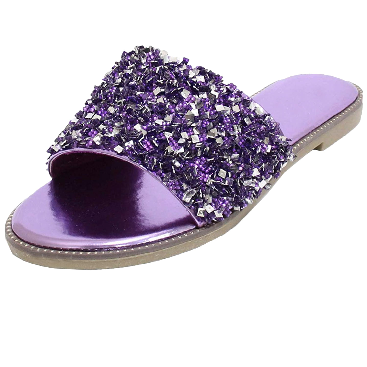 Womens Glitter Bling Rhinestone Strap Slide Flat Sparkle Sandal ...