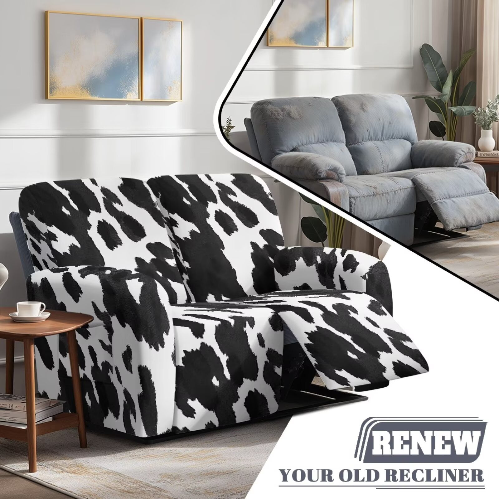 Yuyamidu Cow Print Recliner Loveseat Covers for Living Room Washable Recliner Loveseat Slipcover with Elastic Edge Breathable Reclining Couch Covers Gift for Friends
