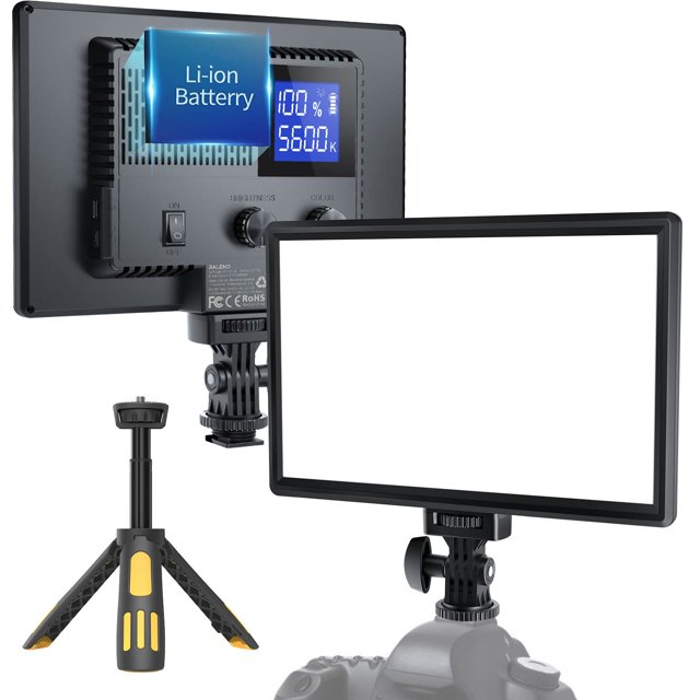 RALENO LED Video Light Panel in black, designed for video conferencing, photography, and live streaming. Features edge-lit technology for soft, even lighting with adjustable brightness (0-100%) and color temperature (2500K-6500K). Includes a built-in 4000mAh rechargeable battery with 80-minute runtime, Type-C USB ports, and an LCD display for real-time monitoring. Comes with a multifunctional mini stand for flexible use and is compatible with SLR cameras, camcorders, and stands via cold shoe adapter and 1/4 threaded hole. Ideal for portable lighting and photography light kits.