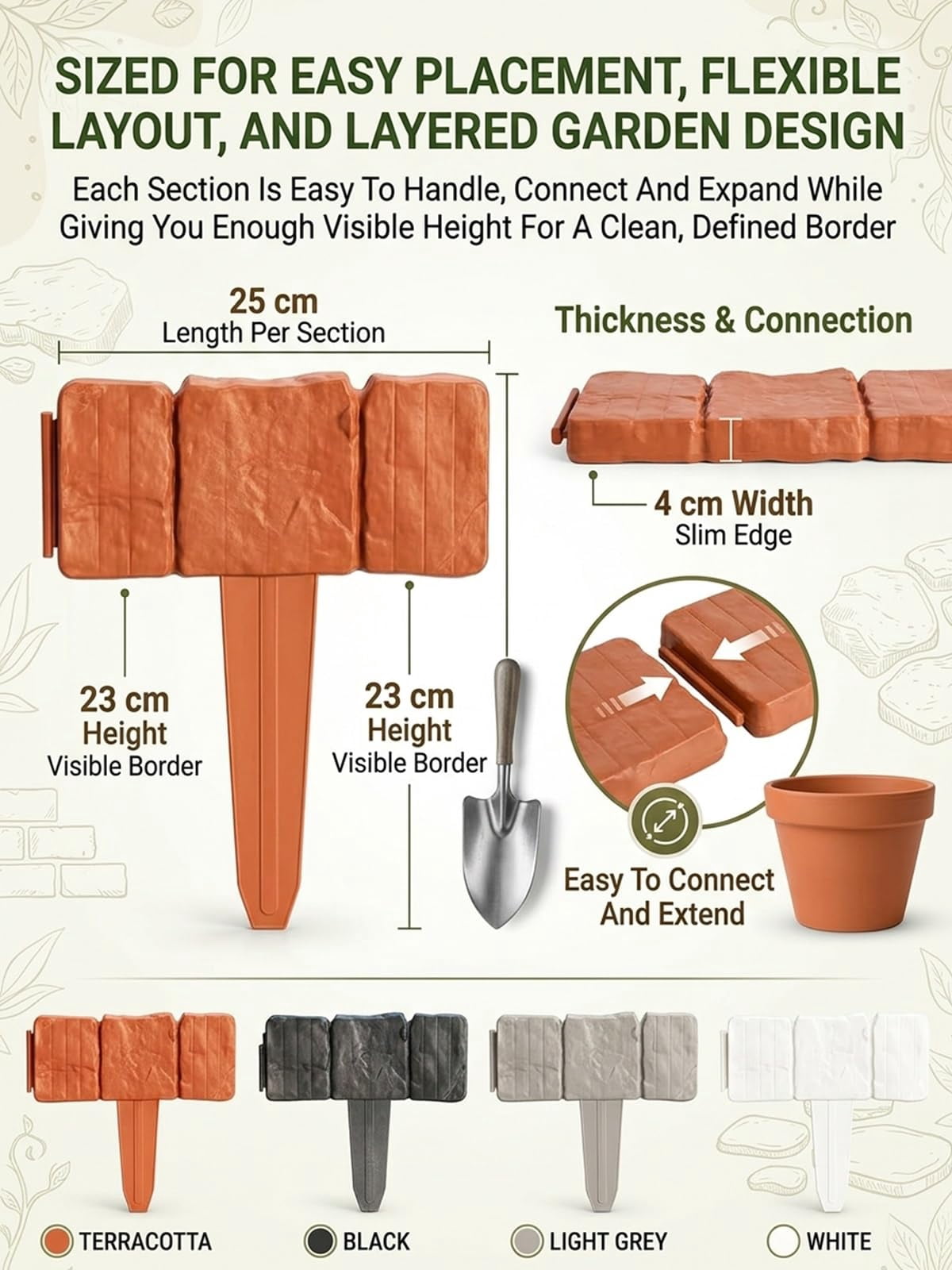 Plastic Garden Retaining Fence Garden Edging Landscape Flower Bed Edging Borders Faux Stone for Landscaping Lawn Blocks Interlocking No Dig Flexible Weather Resistant Outdoor Beds