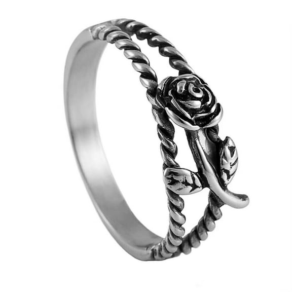 PAMTIER Women's Stainless Steel Vintage Personalized Punk Hollowed Out Rose Flower Ring Silver Black Size 6