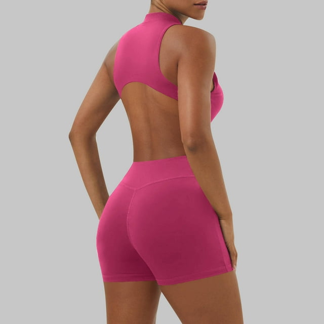 Aqestyerly Combinaison Courte de Yoga pour Femmes Col en U Fermeture Éclair devant une Pièce Couleur Unie Vêtement de Sport Extensible Ensemble d'Exercice