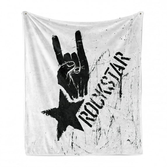 Rock Soft Flannel Fleece Throw Blanket, Grunge Effect Monochromatic Illustration of Rockstar Hand Sign and Star, Cozy Plush for Indoor and Outdoor Use, 70" x 90", Pale Grey and Black, by Ambesonne