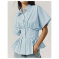 thumbnail image 4 of Striped Button Down Shirts for Women Short Sleeve Pleated Corset Blouse Casual Summer Blue Stripes S, 4 of 8