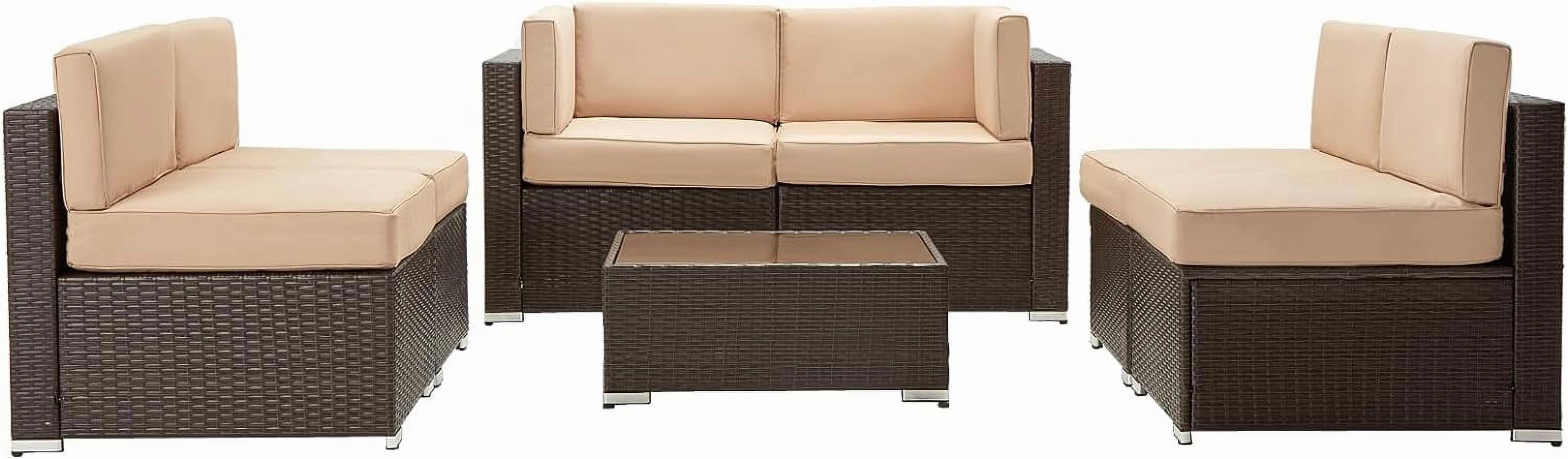 Danrelax 7-Piece Outdoor Sectional Sofa Patio Conversation Set, PE Rattan Wicker Furniture, Steel Frame, Beige Cushion/ Brown Rattan