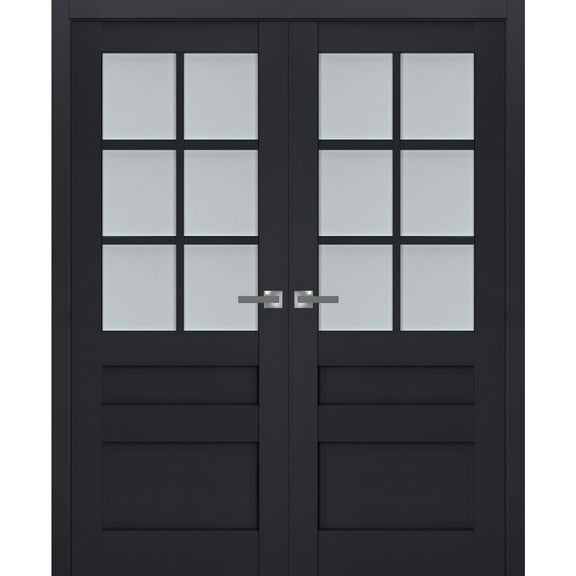 Interior Solid French Double Doors Frosted Glass | Veregio 7339 Antracite | Wood Solid Panel Frame Trims | Closet Bedroom Sturdy Doors -36" x 84" (2* 18x84)
