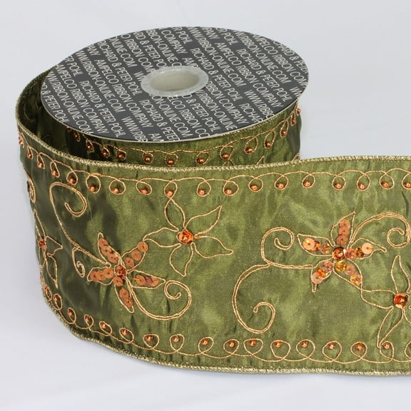 The Ribbon People Hunter Green Contemporary Floral Wired Craft Ribbon 4" x 10 Yards