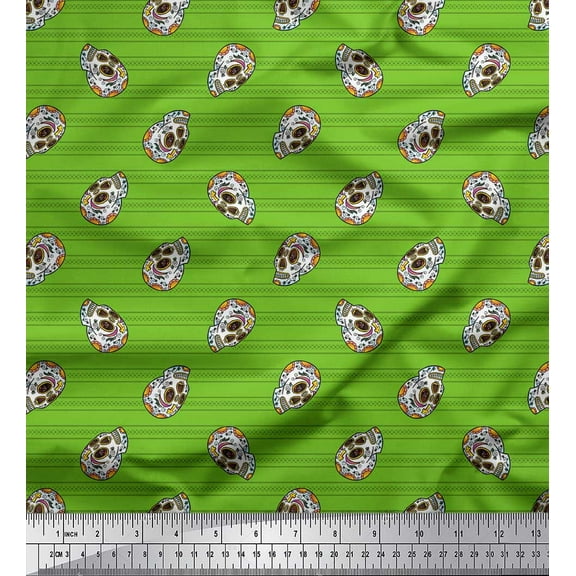 Soimoi Green Cotton Voile Fabric Stripe & Skull Halloween Decor Fabric Printed Yard 42 Inch Wide
