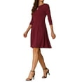 thumbnail image 4 of Allegra K Crew Neck Dress for Women's 3/4 Sleeve Pleated A-Line Casual Elegant Dresses M Wine Red, 4 of 5