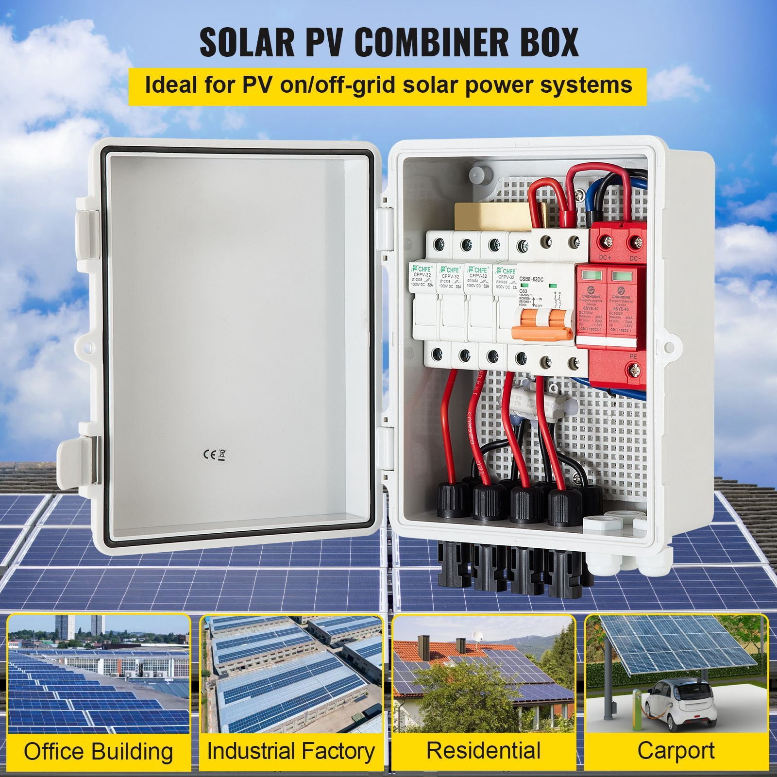 PV Combiner Box 4 String 15A DC Fuses 63A Circuit Breaker IP65 for Solar Panel System