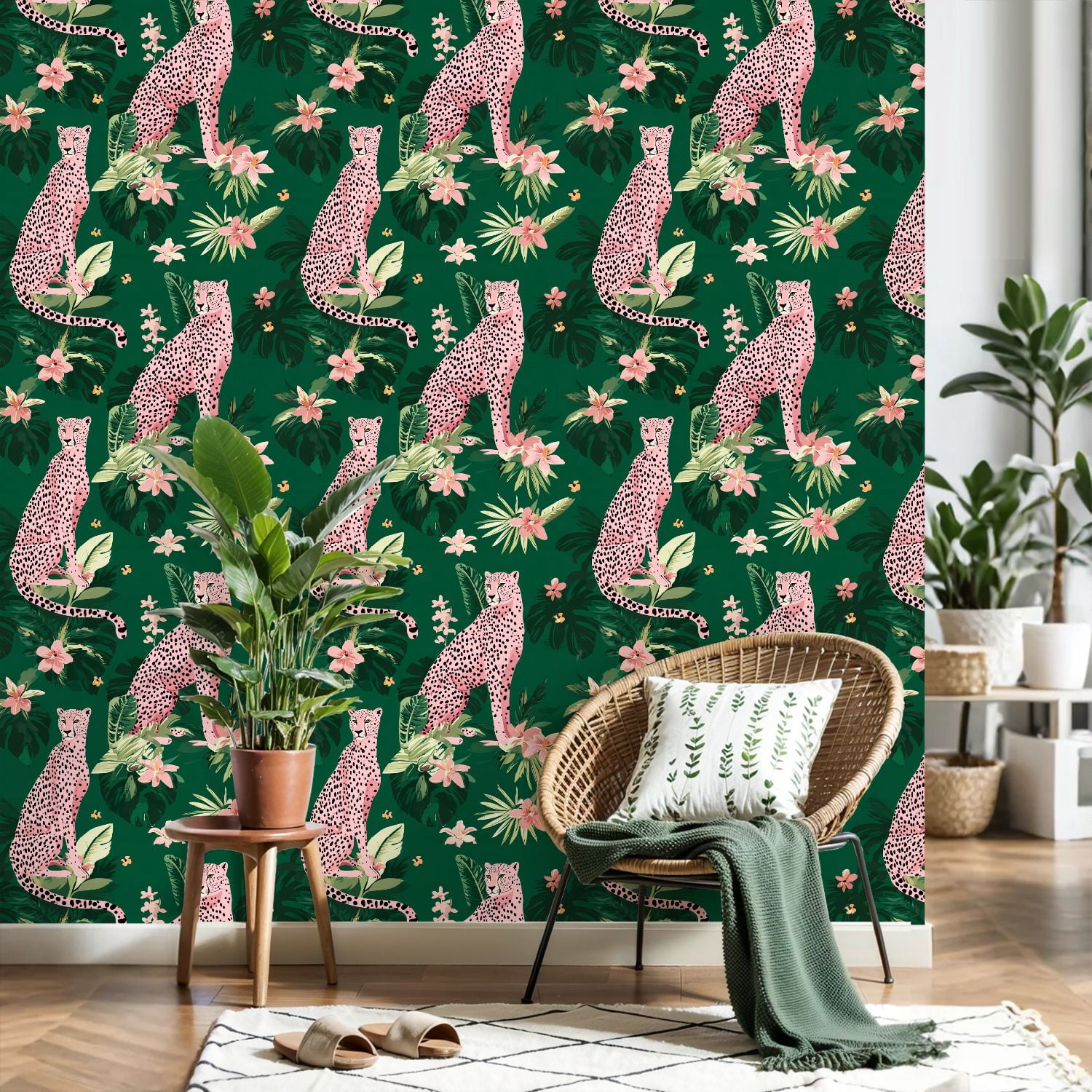 Peel and Stick Wallpaper seamless pink leopards flowers tropical leaves Trendy style 24in x 118in Contact Paper Removable Self Adhesive Wall Mural Wall Decor for Bedroom Kitchen Cabinets