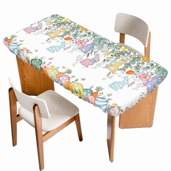 Easter Bunny Table Cloths for 4 Foot Rectangle Tables, Eucalyptus Leaves Spring Easter Eggs Country Patio Waterproof Elastic Fitted Tablecloths, Washable Rectangular Table Cover for Camping