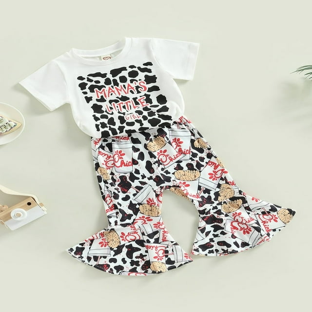 Petit Bébé Fille Manches Courtes Col Rond Lettres Imprimées T-shirt avec Bottes Imprimé Pantalon Flare