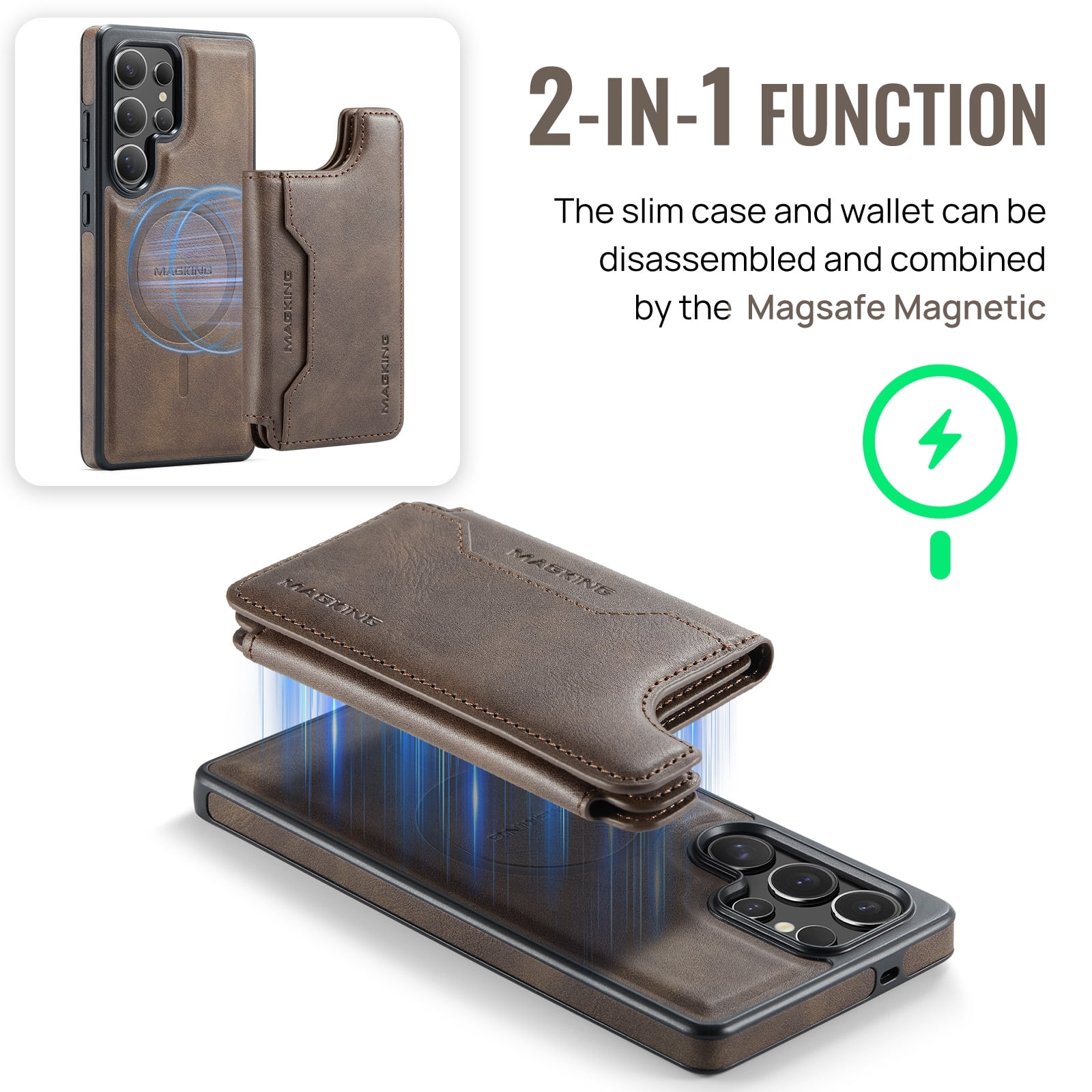 Designed for Samsung Galaxy S24 Ultra Wallet Phone Case,Magnetic Detachable Flip Card Holder,Back Flip Kickstand,Compatible with Mag-Safe,2-in-1 PU Leather Heavy Duty Shockproof Phone Case,Coffee