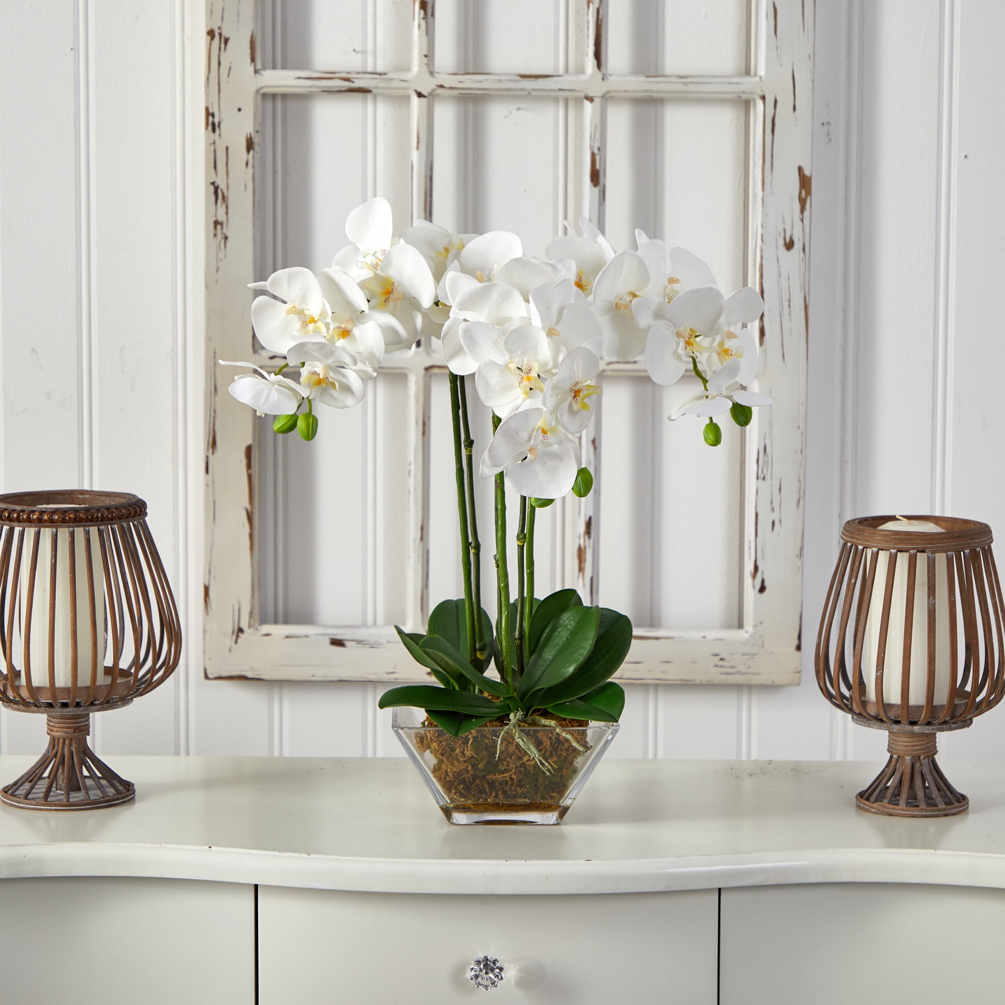 Nearly Natural White Triple Phalaenopsis Orchid Artificial Flowers in Glass Vase
