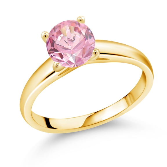 Gem Stone King 1.28 Ct 7mm Round Pink Zirconia 10K Yellow Gold Ring (Size 7)