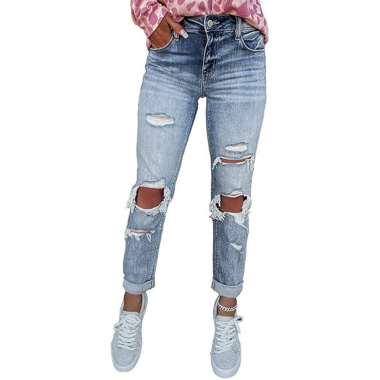 Womens Ripped Skinny Jeans Cute Distressed Hole High Waist Jeans