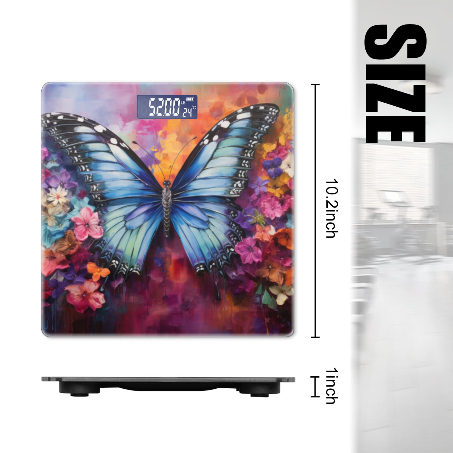 High Precision Body Weight Scale Smart Bathroom Scales with Large LCD Display(400lbs),Decorative for Bedroom-Blue Butterfly Surrounded By Flowers