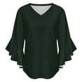 thumbnail image 5 of Dark Green Textured Fabric Women's V-Neck Blouse With 3/4 Ruffled Bell Sleeves Casual Top Ladies Blouses, 5 of 7