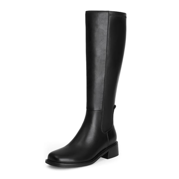 Botas QIY negras altas hasta la rodilla, tacón alto, 4 cm, piel para mujer
