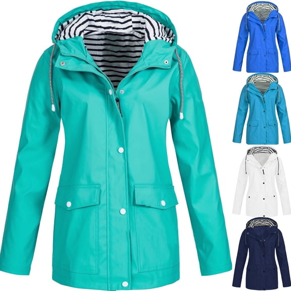 Raincoat for Women Clearance Women Solid Rain Jacket Outdoor Plus Size Hooded Raincoat Windproof