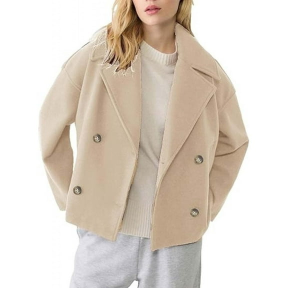Women's Wide Notch Lapel Cropped Coat, Wool Blend Short Jacket, Double Breasted Long Sleeve Topcoat, Thickened Warm Outerwear, Casual Padded Fall Winter Jacket Beige L