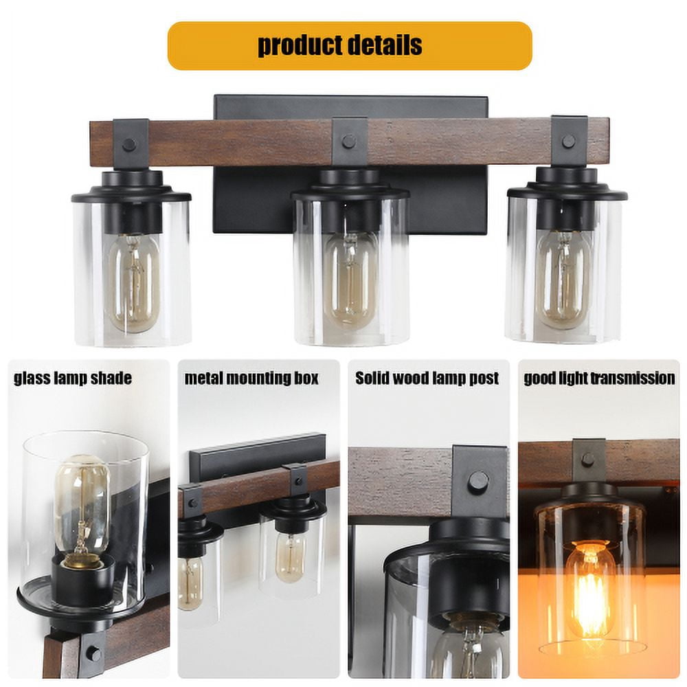 ACE-LIGHTS,3-Lights Farmhouse Rustic Bathroom Light Fixture with Glass Lampshade(Bulbs Not Included),Vanity Lights Fixture for Bathroom,Dressing Room,Bedroom,Living Room(Black)