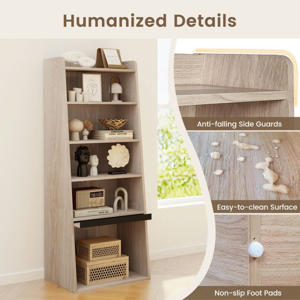 Demi Bonn 6-Tier Bookcase with 2 Adjustable Shelves and Flip Up Door, Freestanding Ladder Bookshelf, Brown