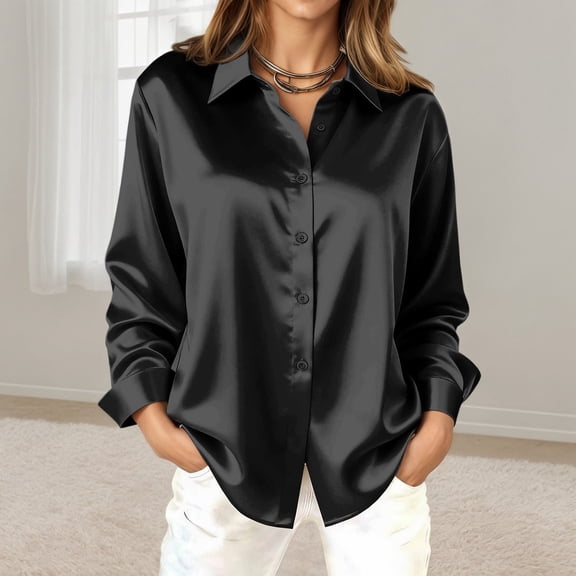 HOWPAY Dress Shirts for Women Button down Long Sleeve Solid Color Business Dressy Casual Collared Blouses Lightweight Office Fall Clothes Black L