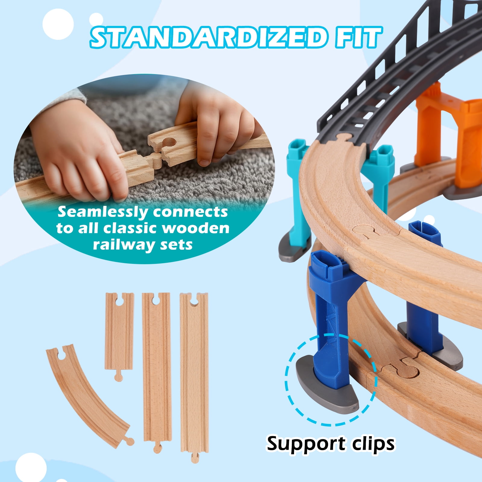 UDEAS 120Pcs Wooden Train Tracks Set, 398-inch Track Expansion, Toddler Railway Bridge Toy Train Set with Airplane and Magnetic Crane, Birthday Gifts for Boys and Girls