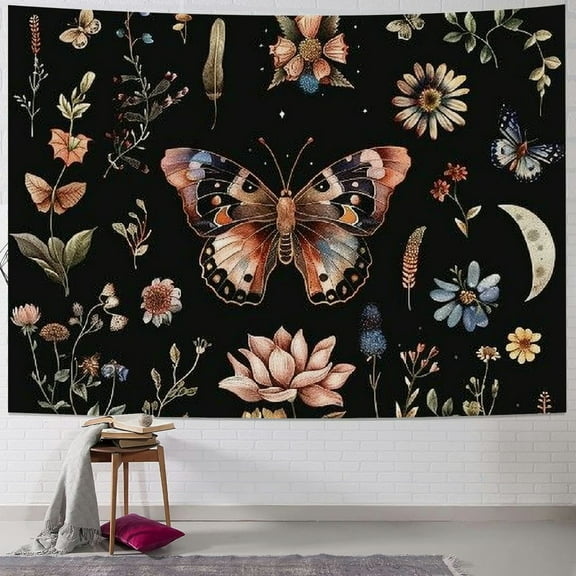 PRATYUS  Moth Moon Phase Tapestry Vintage Wall Art Gothic Floral Flower Butterfly Botanical Plant Snake Nature Witchy Mystic Aesthetic Wall Hanging Bedroom Living Room Dorm Decor Fabric Painting