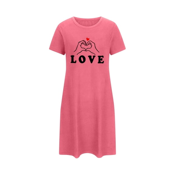 Tnhcen Women's Plus Size Love Print Valentine's Nightgown, Black Short Sleeve Sleep Dress, Valentine's Day Gift for Her, Round Neck Thermal Pajamas, Cozy Fleece Loungewear, S-5XL