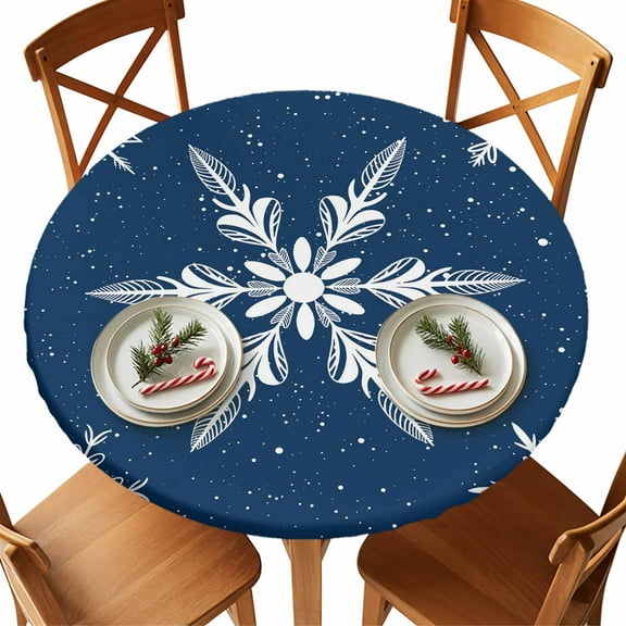 Round Tablecloth White Christmas Snowflakes Elastic Edge Fitted Winter Holidays Navy Blue Plastic Table Cover,Waterproof Oil Proof for Dinner,Outdoor, Picnic, 55"- 60" DIA Tables