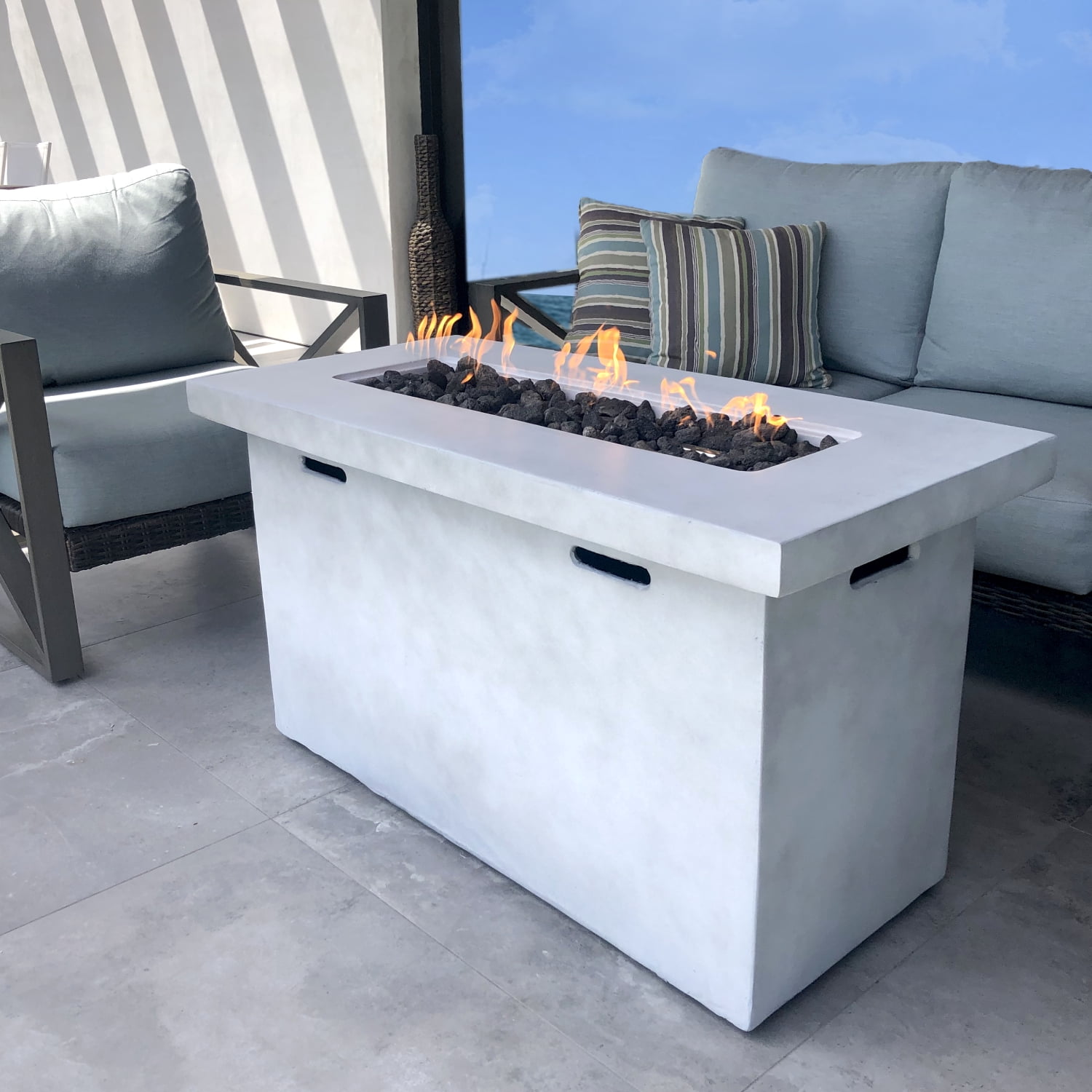 E-Western 25-Inch Fiber Reinforced Concrete Propane Fire Pit Table for Outdoor Garden Patio Heating with Lava Rocks Weather-Resistant and Stylish Design