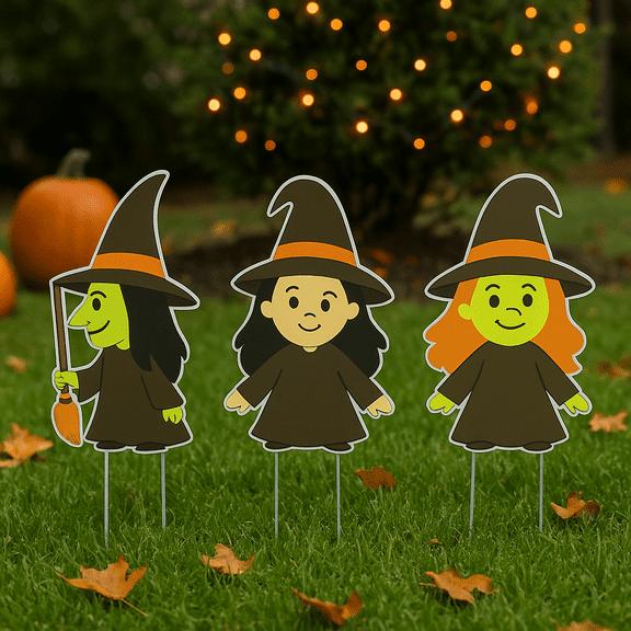 Set of 3 Halloween Witch Yard Stakes – 12” PVC Lawn Decorations – Outdoor Weatherproof, Cute Witches with Stakes