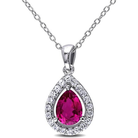 2-1/5 Carat T.G.W. Created Ruby and White Sapphire Sterling Silver Teardrop Pendant, 18