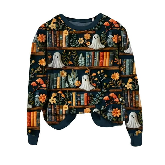 Tricot Livre de Lecture pour Femmes Halloween Mignon Automne Col Rond Sans Capuche