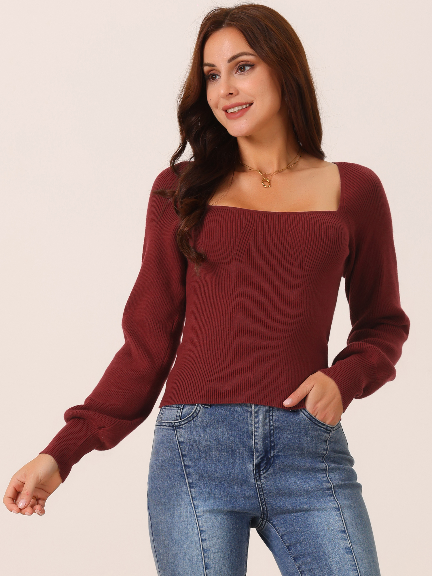 DARING DIVA Square Neck Ribbed Knit Pullover Sweater Top M Wine Red