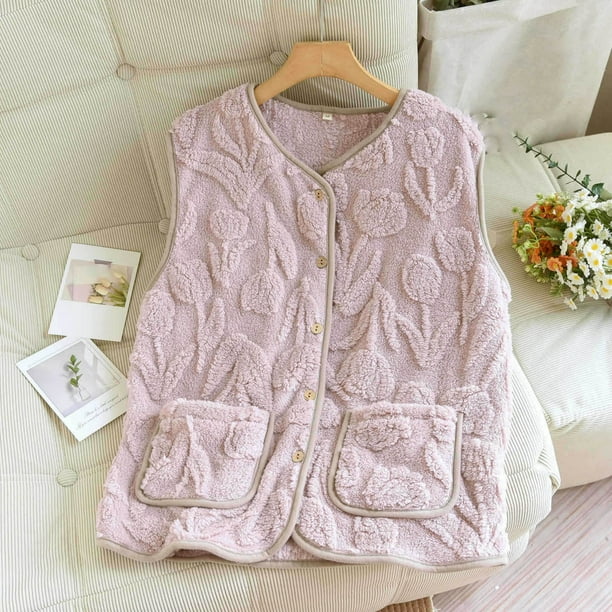 Pijama de manga larga para mujer, de invierno, grueso, de color sólido, con botones y bolsillo, de forro polar cálido, ropa de dormir, top de poliéster para mujer