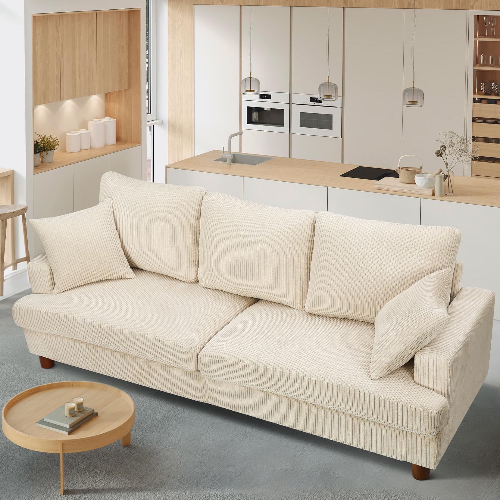87" Corduroy Sofa,3 Seater Sofa with Extra Deep Seats,Neche Comfy Upholstered Couch for Living Room,2 Pillows,Beige