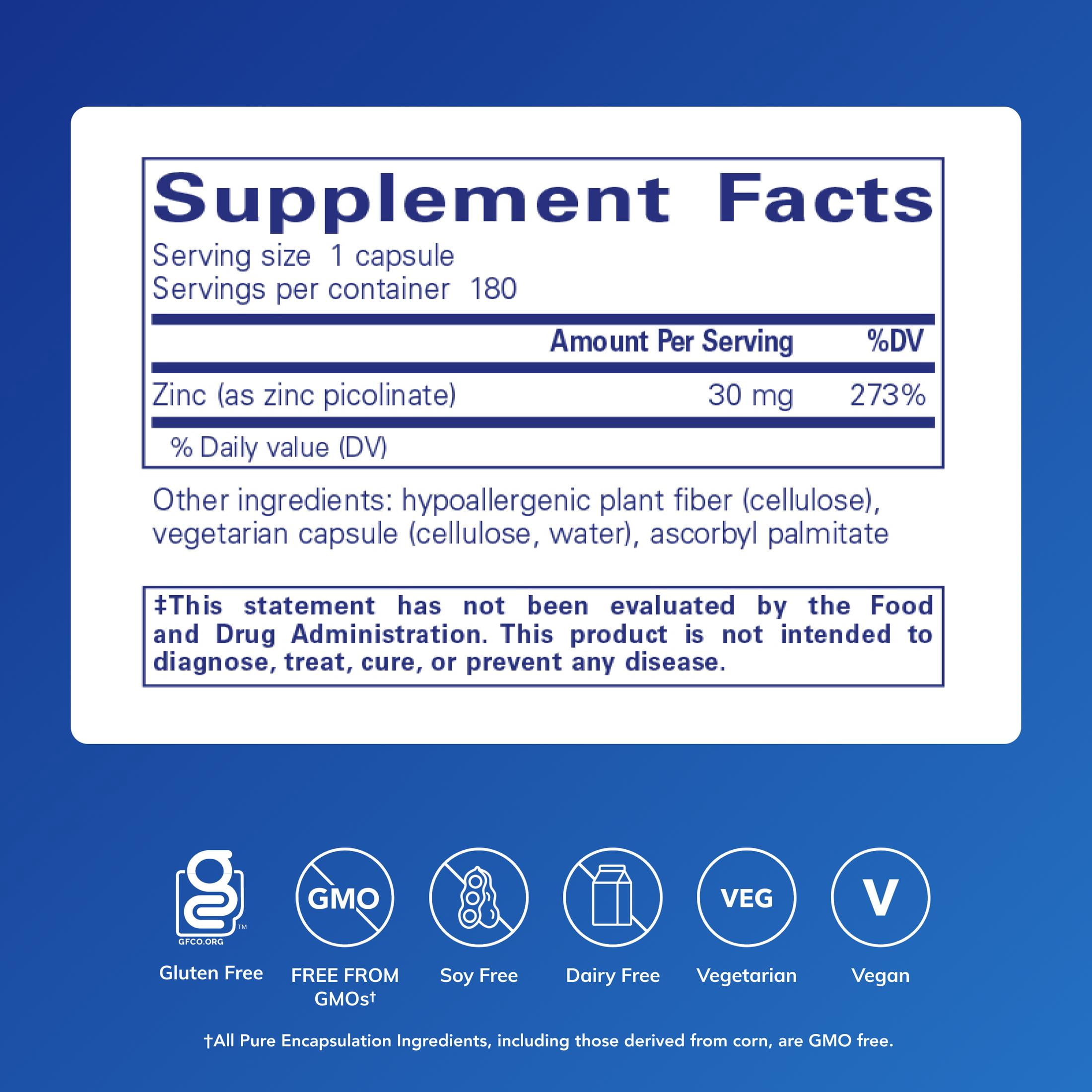 Pure Encapsulations Zinc 30 mg - Supplement for Immune System Support, Growth and Development, and Wound Healing* - With Zinc Picolinate 30 mg - 180 Capsules