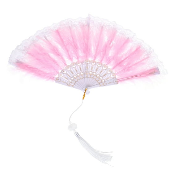 Uxcell Feather Hand Fan Pink Vintage Folding Fan with Tassels Feather Fan for Halloween Party,1 Pcs