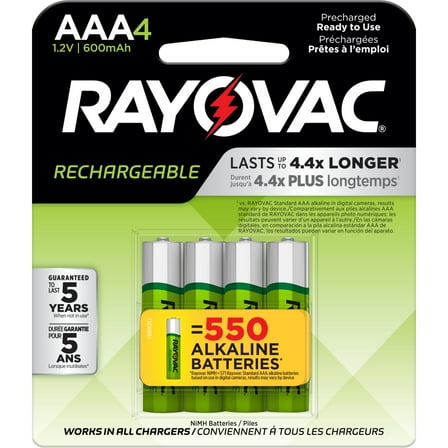 Rayovac Rechargeable AAA Batteries (4 Pack), Triple A Batteries