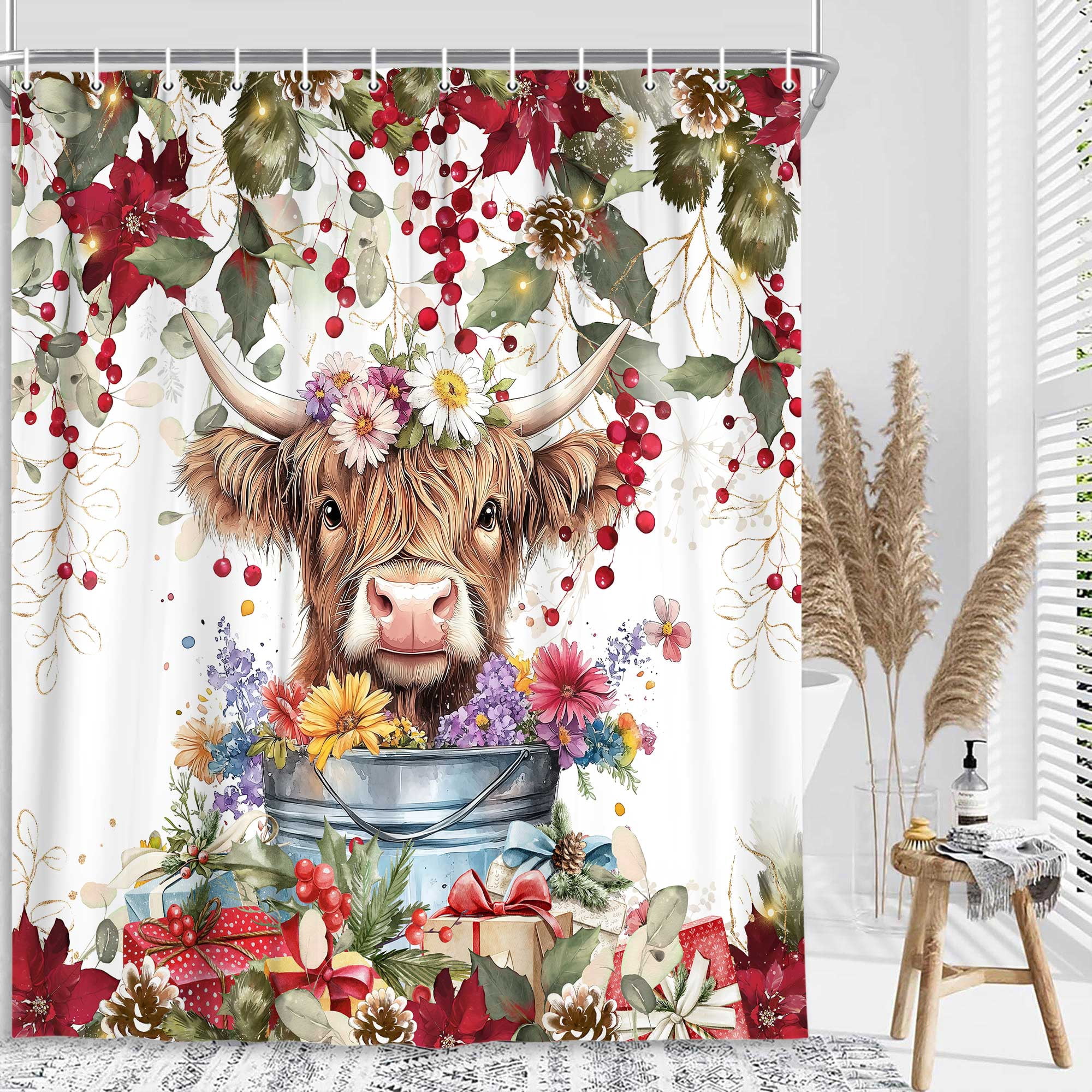 Christmas Highland Cow Shower Curtain, Winter Farmhouse Funny Animals Cute Cow Bath Curtain, Eucalyptus Leaves Pine Tree Red Bathroom Accessories Botanical for Bathroom Curtain Set with Hooks, 72x72in