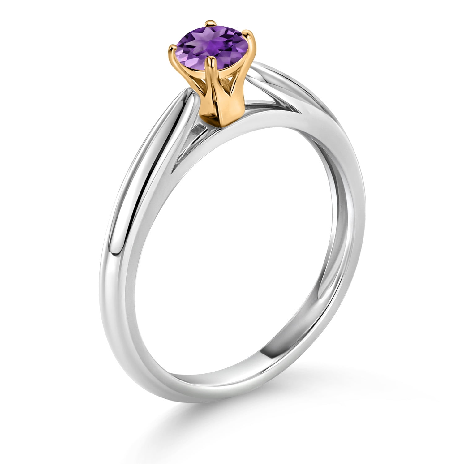 Gem Stone King 925 Silver and 10K Yellow Gold Ring Purple Amethyst Solitaire Engagement Ring for Women (0.25 Cttw, Gemstone February Birthstone, Round 4MM, Size 5)